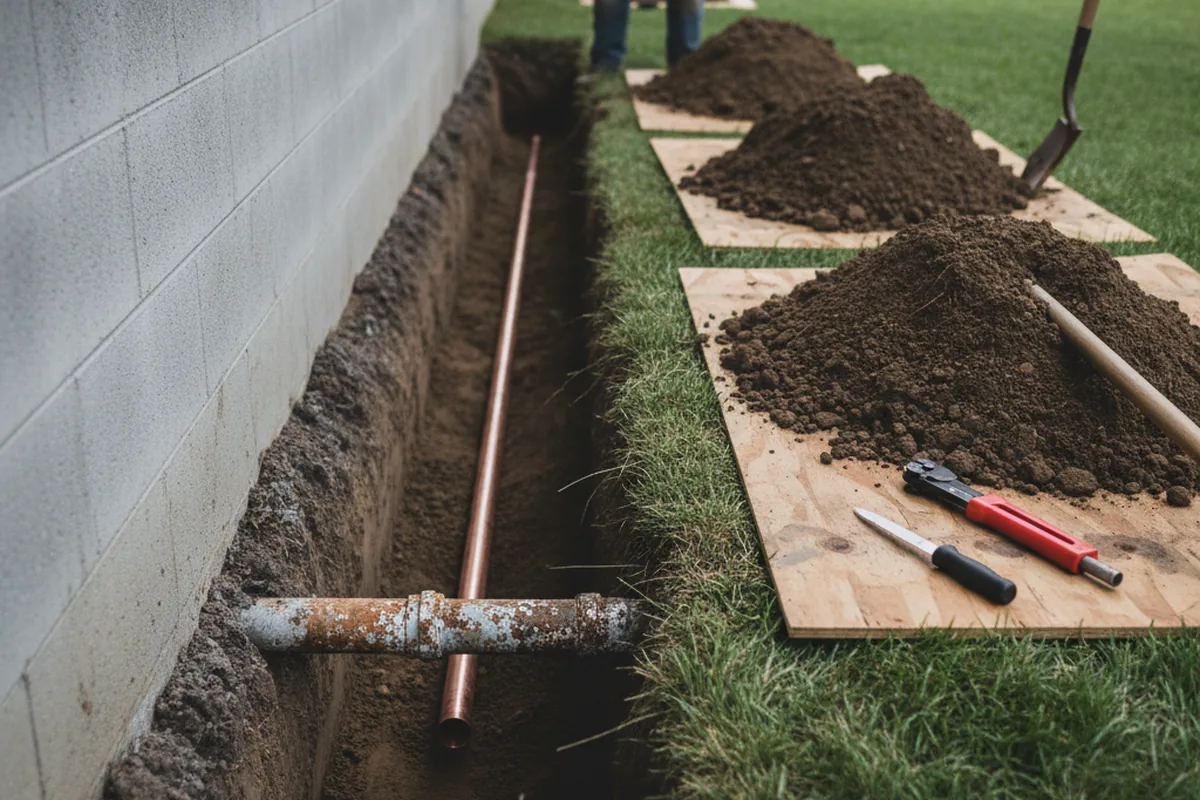 Excavated water line trench during Water Softener Installation in Fruitland